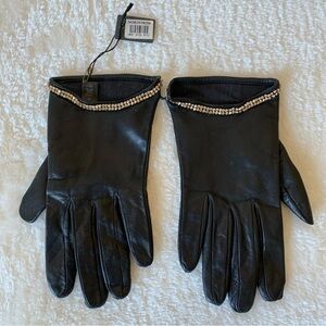 NWT TARNISH Rhinestone Trim Lambskin Black Leather Gloves Nordstrom Sz Medium